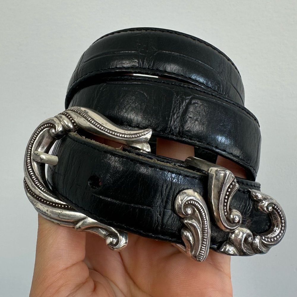 Vintage Black Leather Croc Embossed Western Belt Ornate Silver Buckle Size M